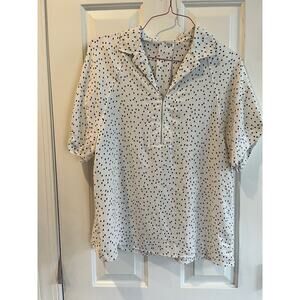 Ophelia Roe sz L Ladies dressy top polyester white black polka dot zipper SS